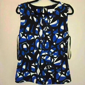 Calvin Klein Geometric Print Sleeveless Top Blue and Black Size L Officecore